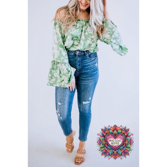 Peach Love Sage Green Satin Large Floral Print Off Shoulder Bubble Top - Picture 5 of 7